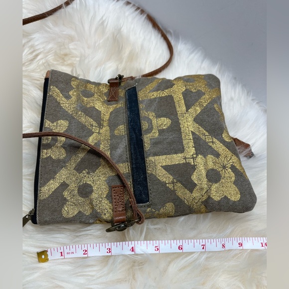 Mona B. Up cycled Coated Canvas Crossbody w Vegan Leather Metallic Gold Design - Picture 16 of 17